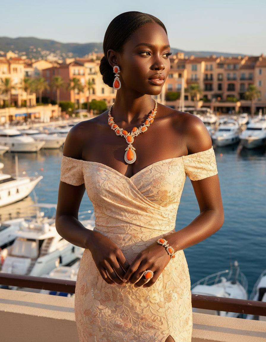 jewellery set with orange coral and diamonds with jellow gold from A PERDIFIATO